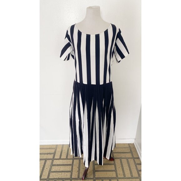 Norma Kamali Vintage 1980s 80s Pleated Stripe Dress Black White - Picture 2 of 10